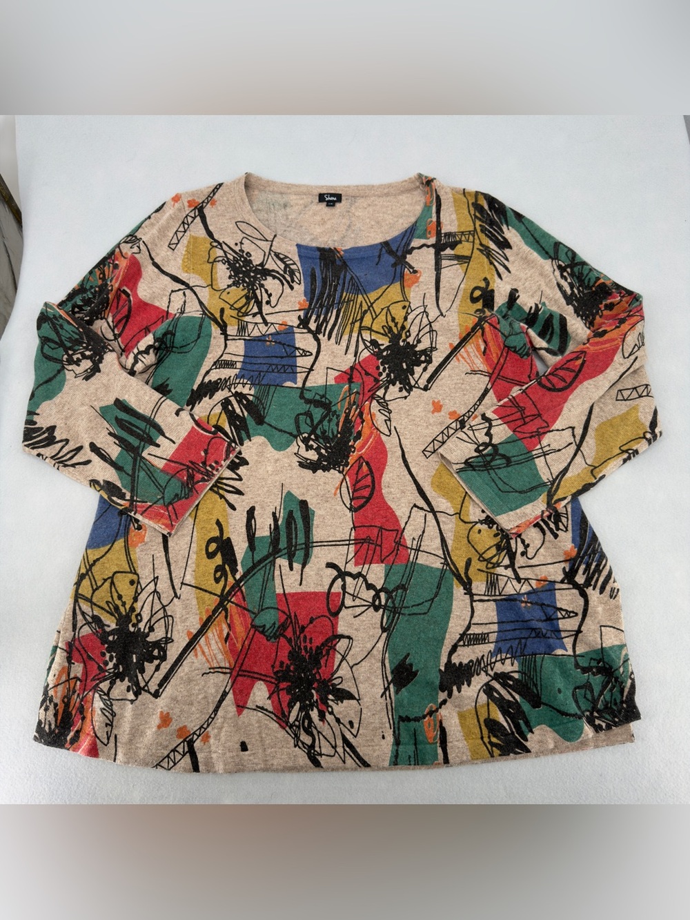 Shana Wool Blend Brown Abstract Design Long Sleeve Top Large